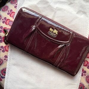 Coach Eggplant Purple Patent Leather Wallet with Gold Logo